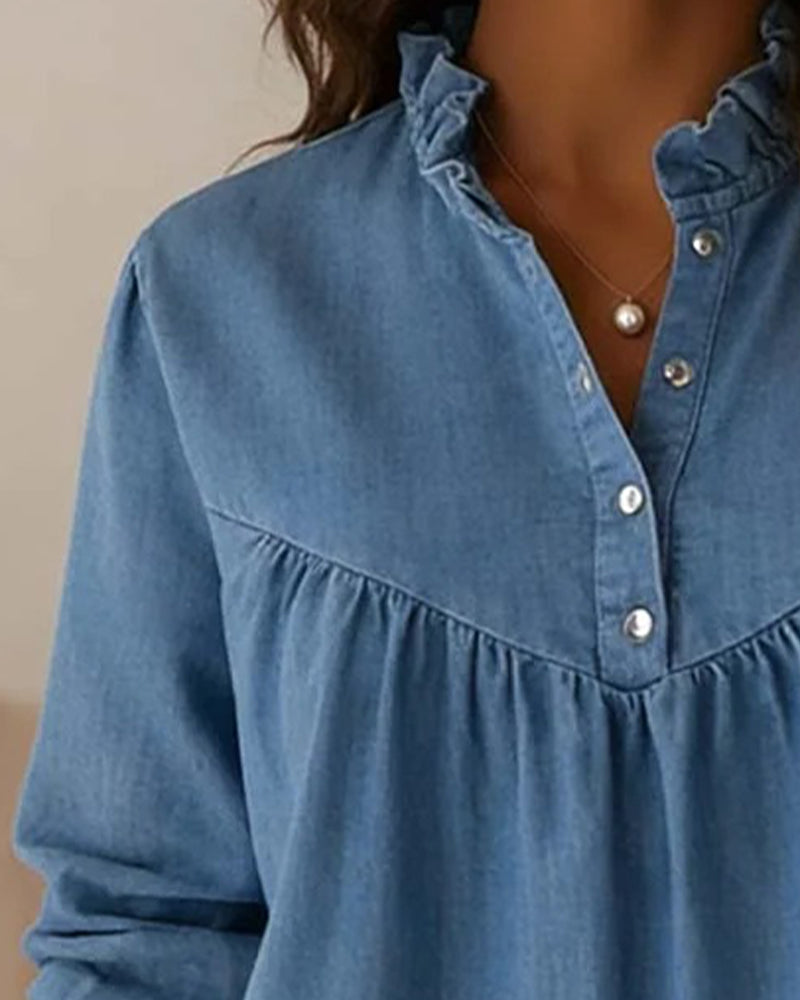 Top Denim Rüschen Knopfleiste