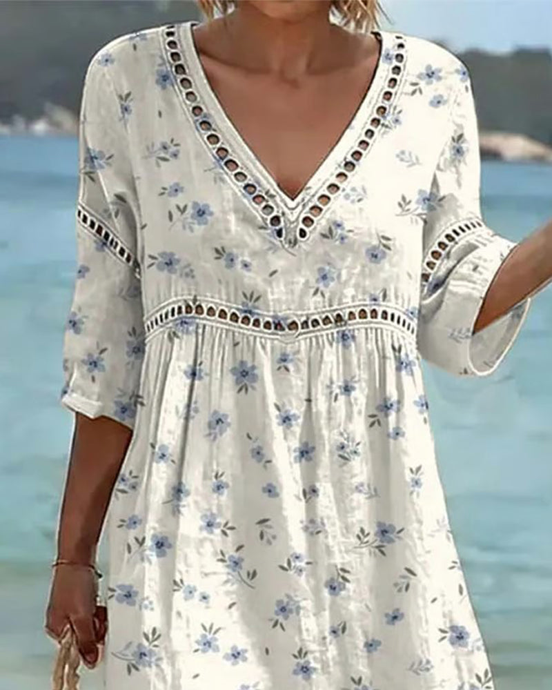 Kleid Blumig V-Ausschnitt Hohl Aus