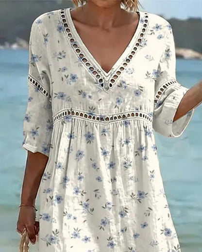 Kleid Blumig V-Ausschnitt Hohl Aus