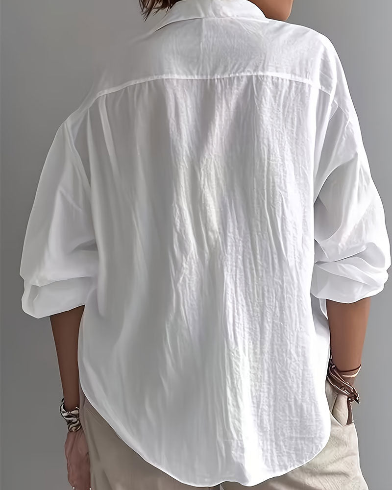 Bluse Einfarbig Revers Halbe Knopfleiste Langarm