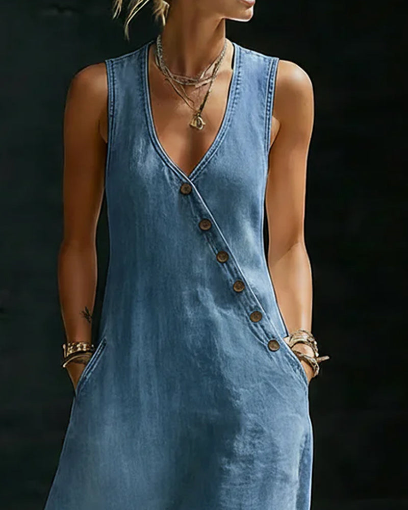 Kleid Ärmellos Knopf Asymmetrisch Denim