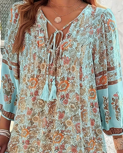 Kleid V-Ausschnitt Bindung Rüsche Blume