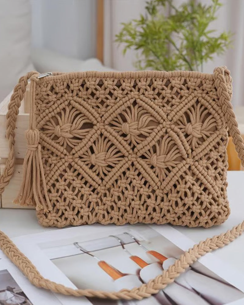 🏆Blitzangebot⚡Minimalistische Quasten Damenclutch – Retro Tasche aus Baumwollseil Geflochten Boho Strandtasche für den Sommerurlaub