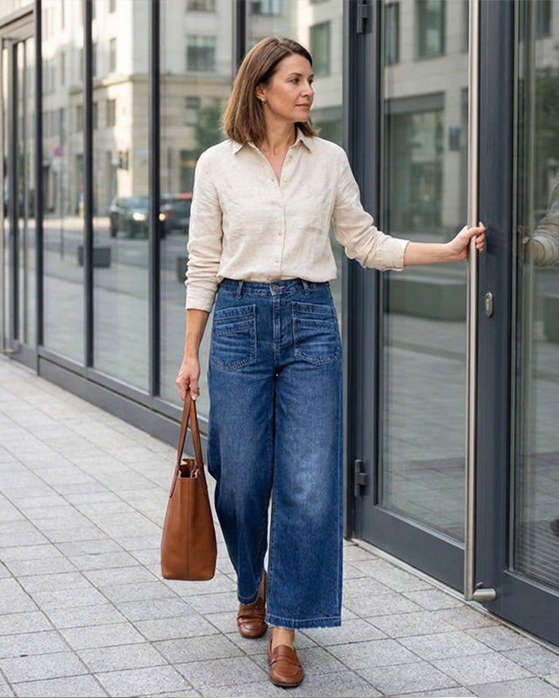 Hose Damen Casual Hoch Tailliert Weites Bein