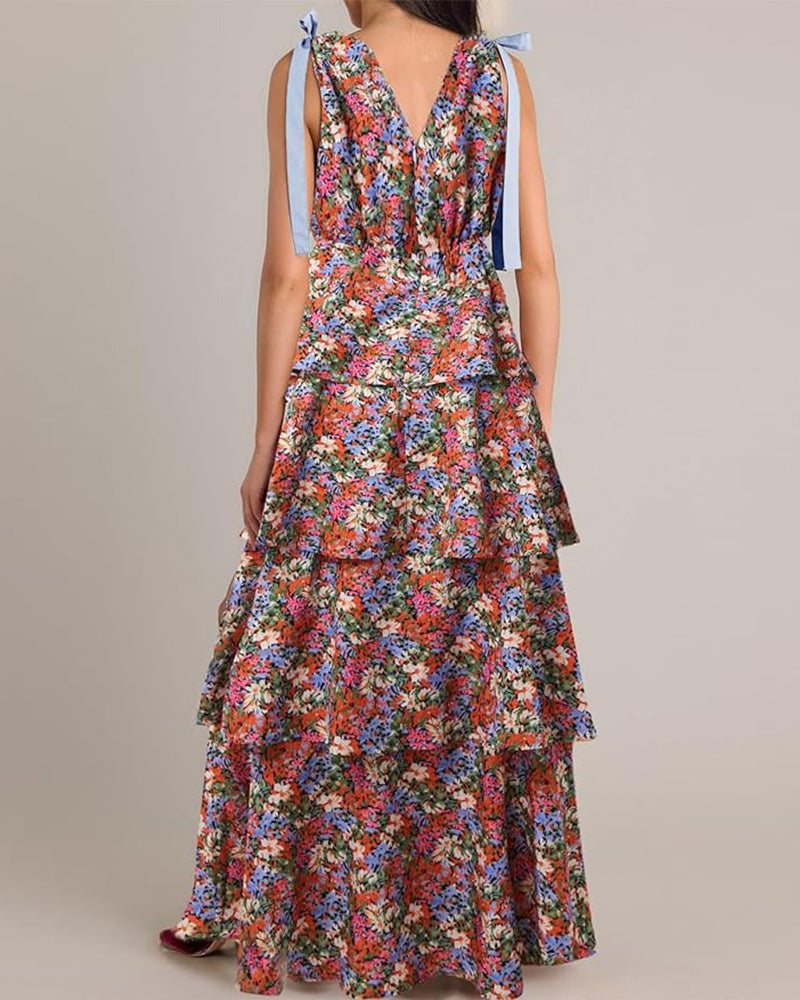 Maxi-Kleid mit V-Ausschnitt und gebundener Taille