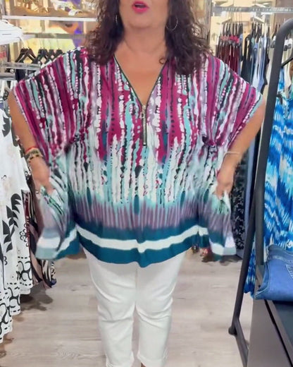 Top Tie-Dye V-Ausschnitt Reißverschluss vorne Fledermausärmel
