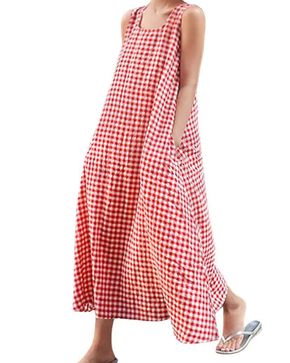 Kleid Karo Ärmellos Quadratischer Ausschnitt Maxi