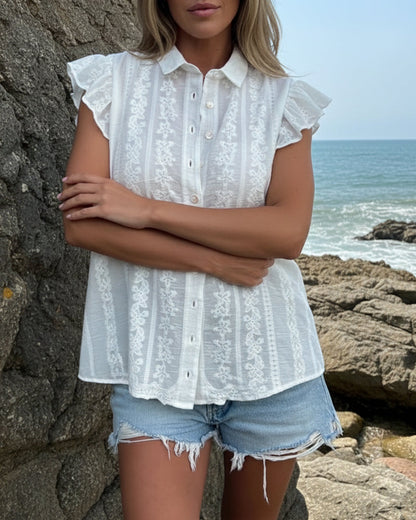 Bluse Revers bestickt Rüschenärmel