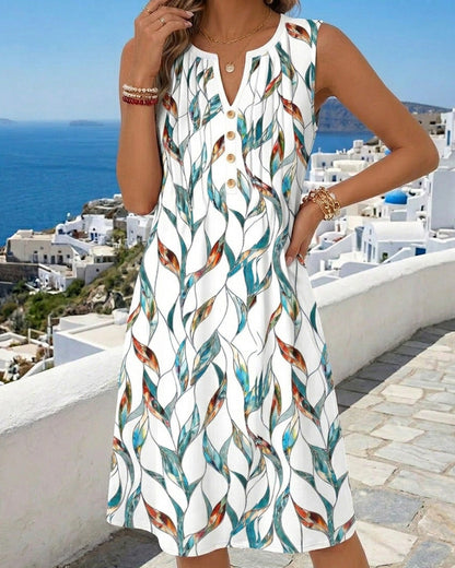 Kleid Blattdruck Ärmellos
