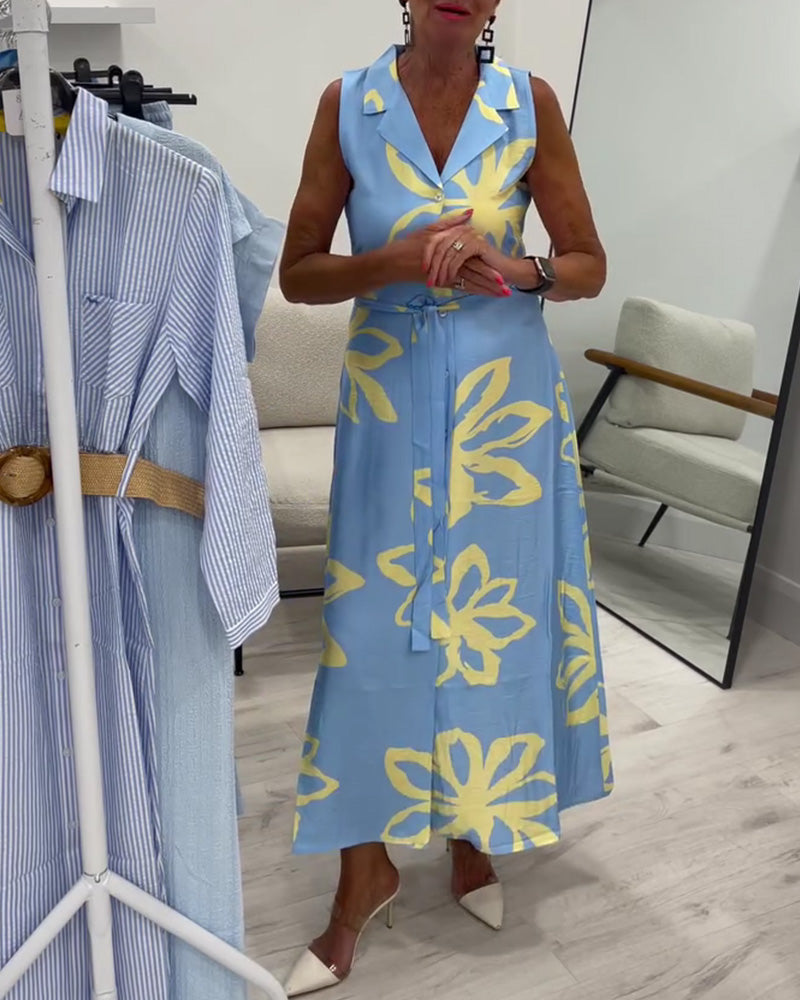 Kleid Ärmellos Reverskragen Schnürung Blumen Maxi