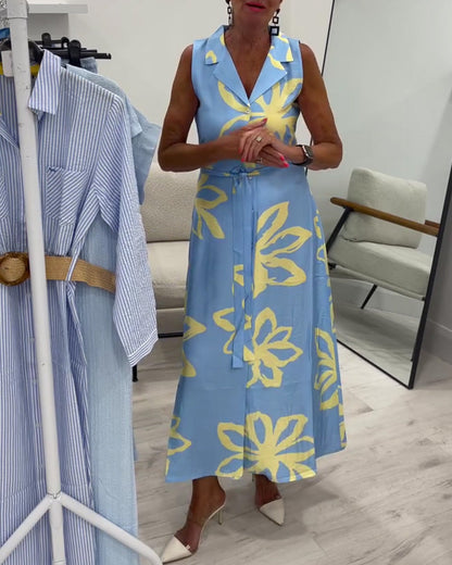 Kleid Ärmellos Reverskragen Schnürung Blumen Maxi
