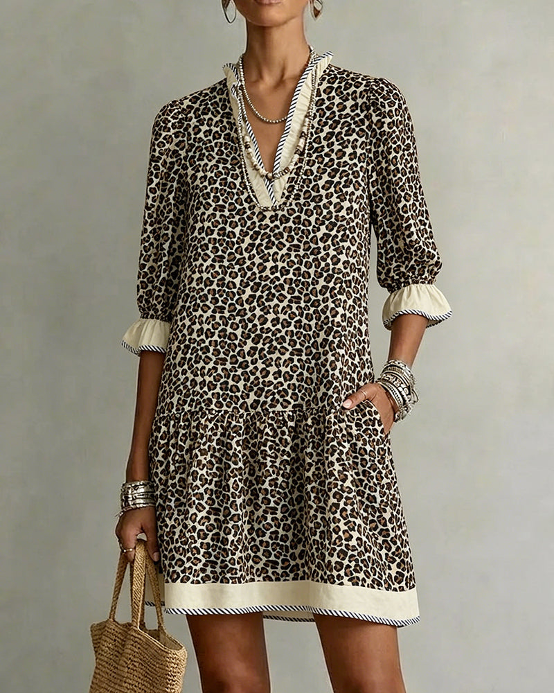 Kleid Leopard Druck Rüsche V-Ausschnitt