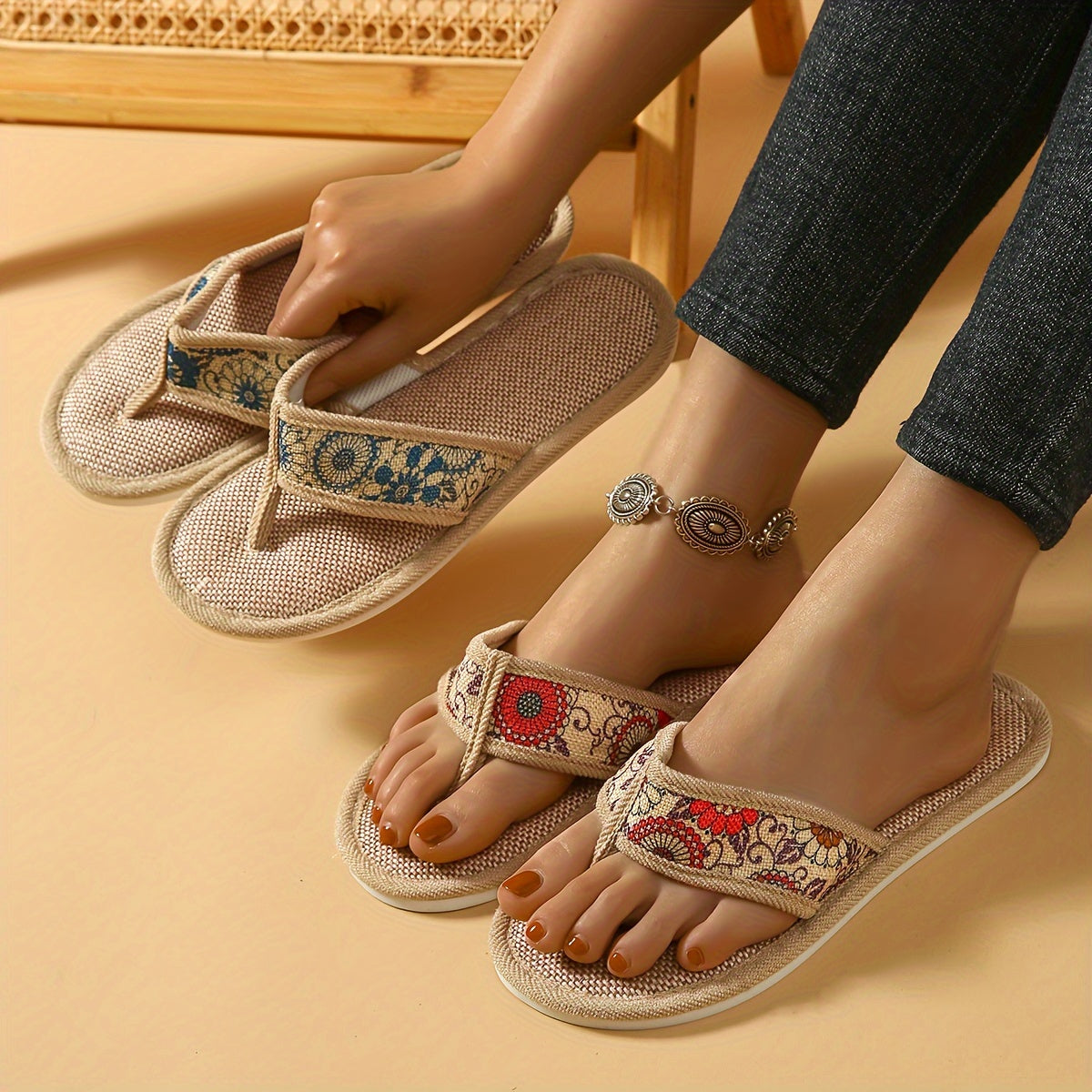 Beige fabric flip flops - Sofia