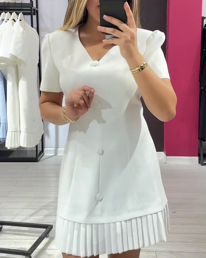 Kleid Unifarben Elegant V-Ausschnitt plissiert