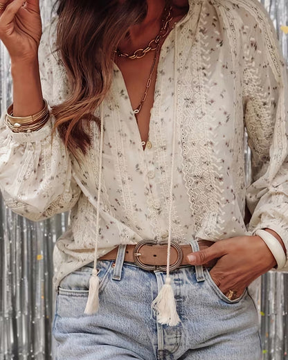 Bluse Blümchen Schnürung Elegant