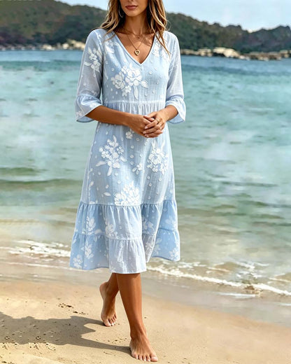 Kleid Blumig V-Ausschnitt Halbarm