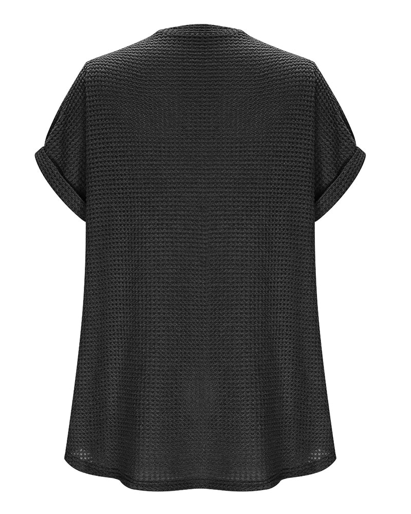 T-Shirt Damen Waffelstrick V-Ausschnitt Lässig Sommer