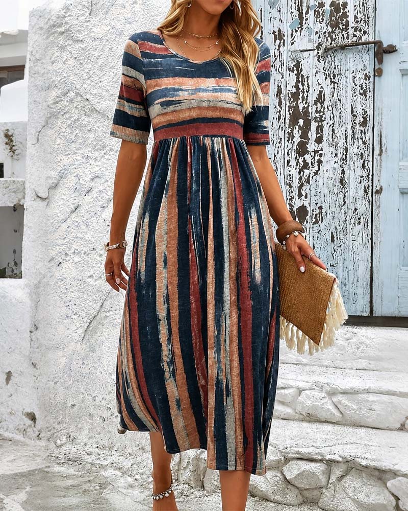 Kleid Rundhals Gestreift Hohe Taille A-Linie