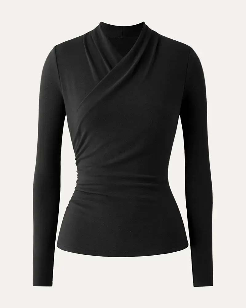 Top Kreuz V-Ausschnitt Plissierte Taille Langarm