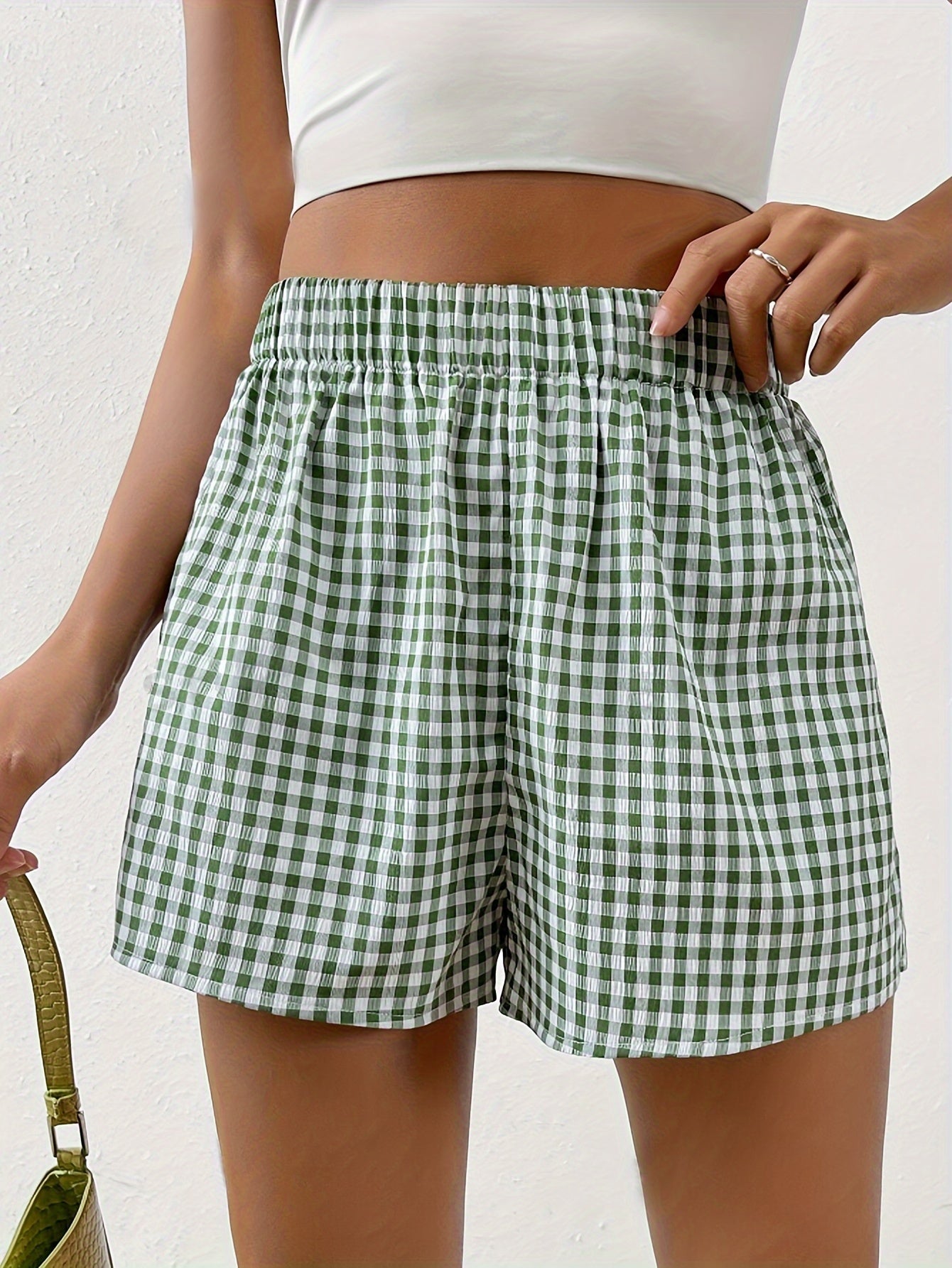 Checkered Green Shorts with Elastic Waistband - Lilly