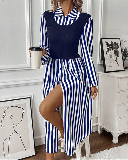 Kleid Reverskragen faux zweiteilig gestreift