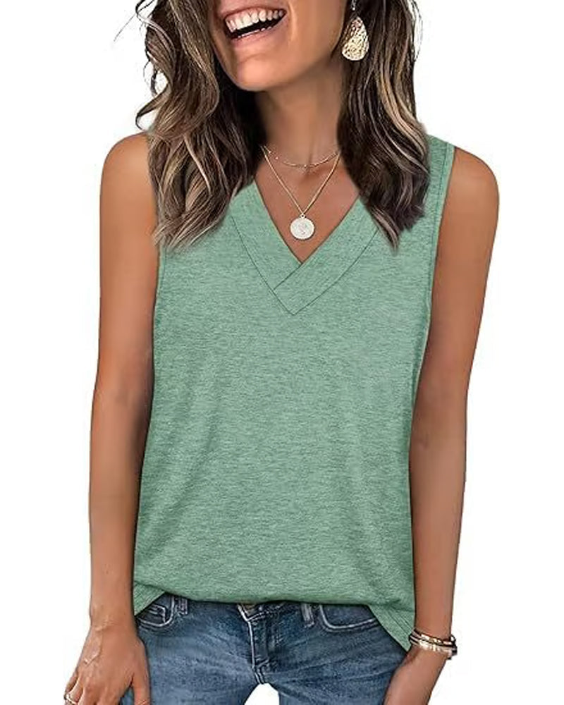 Tanktop T-Shirt Damen Ärmellos V-Ausschnitt Schlankmachend Locker Passform Lässig
