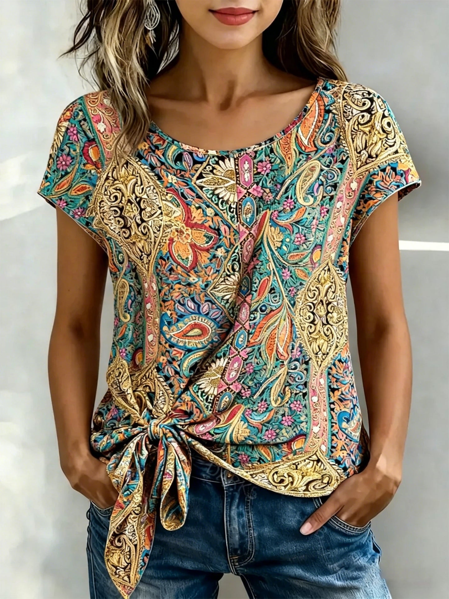 Bluse Print Kurzarm Binden Vorne