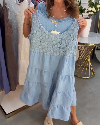 Kleid Rundhals Ärmellos Spitze Lagen