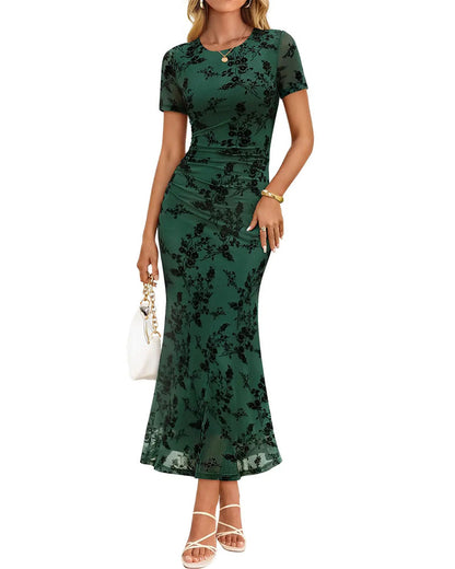 Kleid Blumenprint Taillenbetonend Mesh