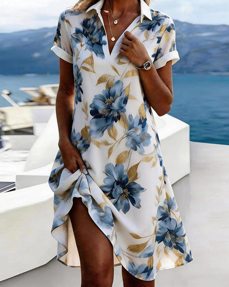 Kleid Revers Kurzarm Blumen Hemd
