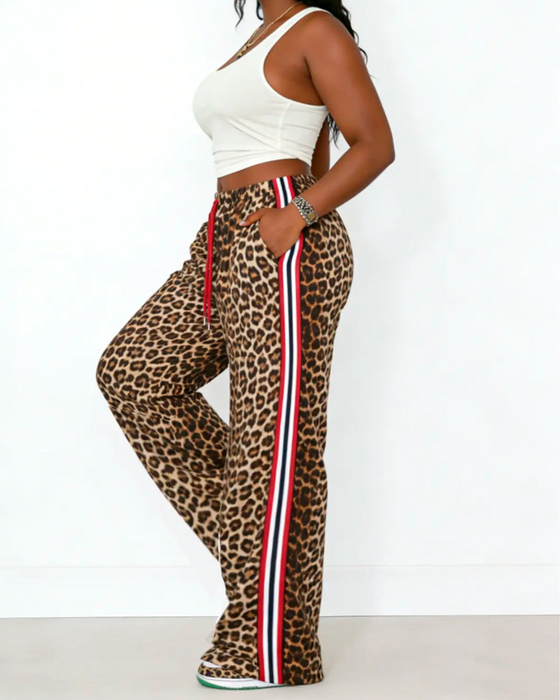 Hose Colorblock Leopardenmuster Kordelzug gerade geschnitten