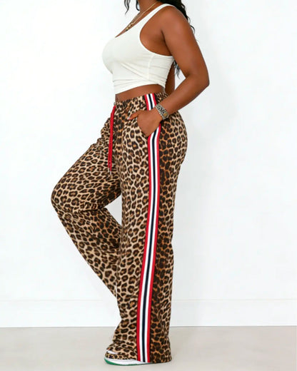 Hose Colorblock Leopardenmuster Kordelzug gerade geschnitten
