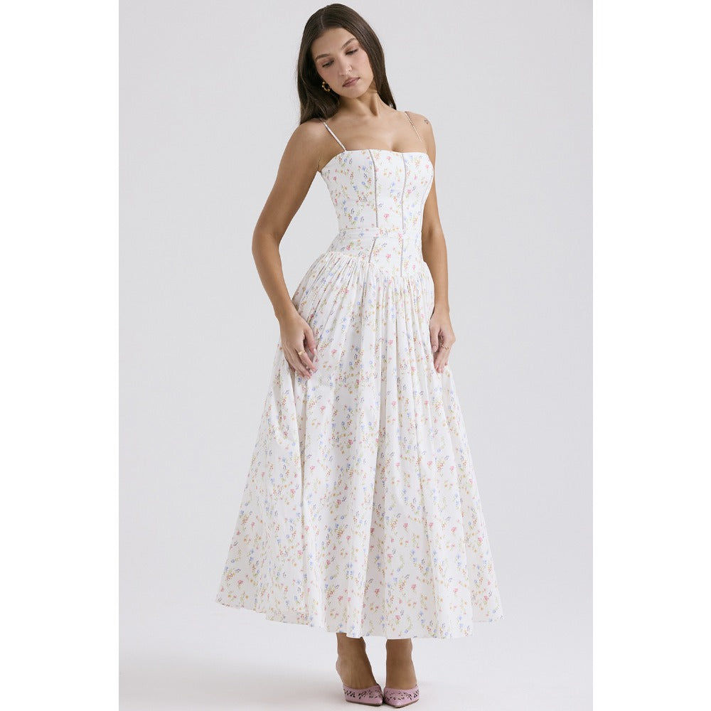 Floral Midi Dress with Spaghetti Straps for Women - Lina