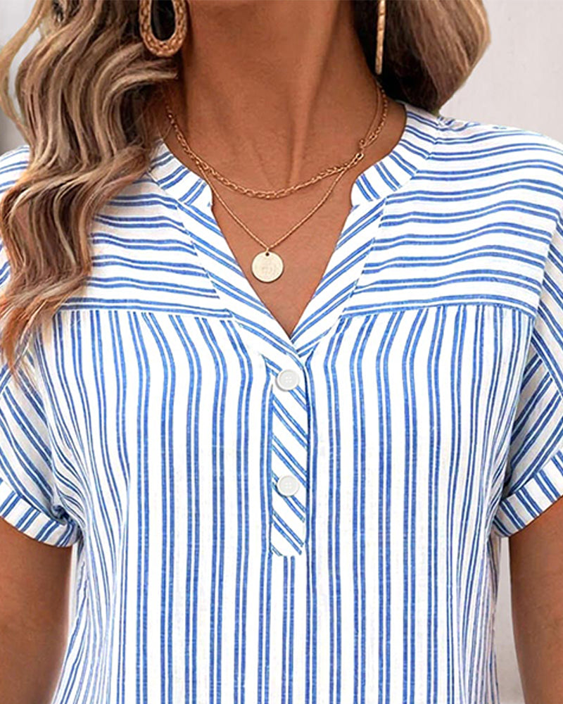 Bluse Streifen V-Ausschnitt Knopf Patchwork
