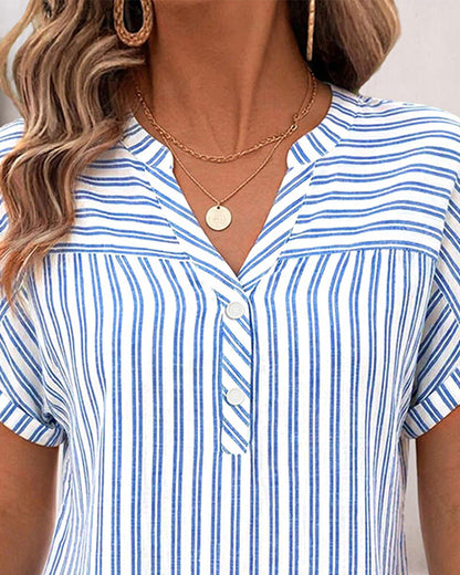 Bluse Streifen V-Ausschnitt Knopf Patchwork