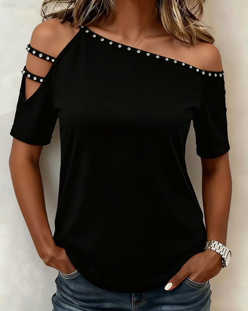 T-Shirt Hangeschulterte Durchbrochene Bestickte Kurzärmelige