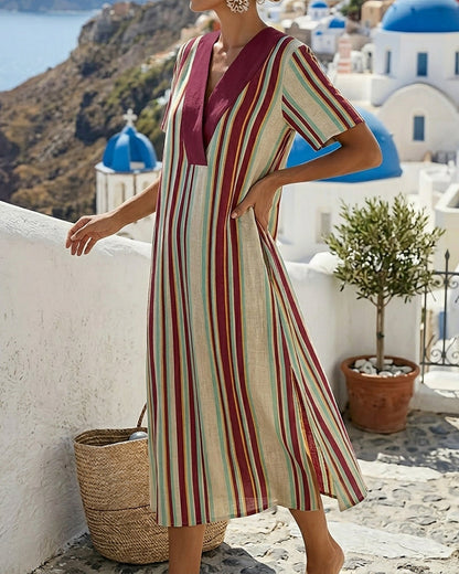 Kleid mit V-Ausschnitt im Color-Block gestreift