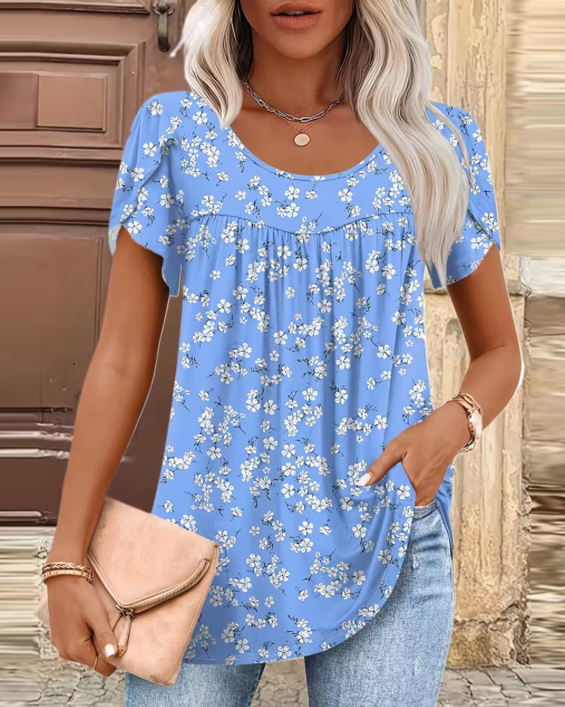 Bluse Kleiner Blumendruck Rundhals Kurzarm