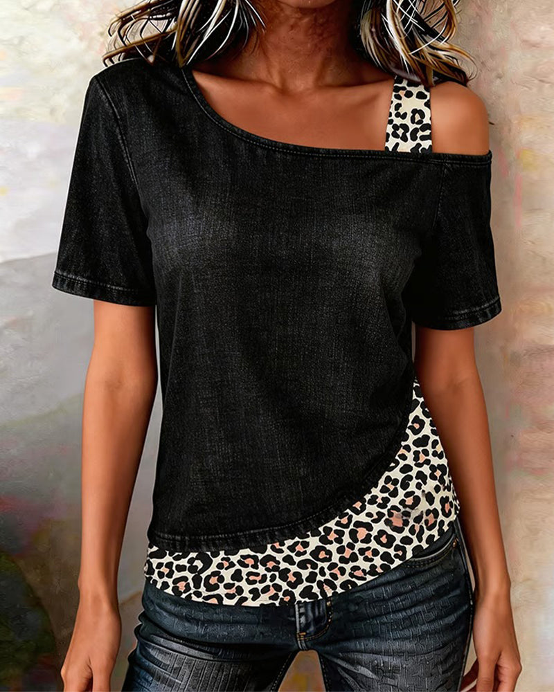 Top Off-Shoulder Denim Patchwork Leopardenmuster
