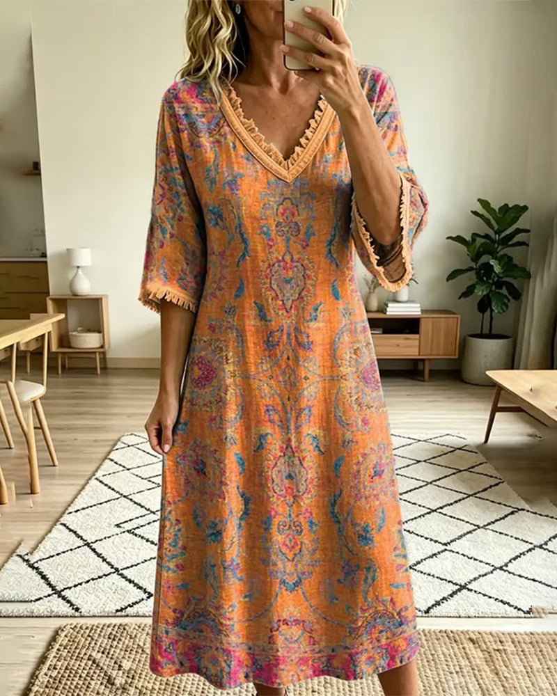 Kleid Vintage V-Ausschnitt Blumenprint