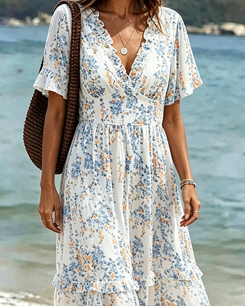 Kleid Blumen Rüsche V-Ausschnitt Patchwork