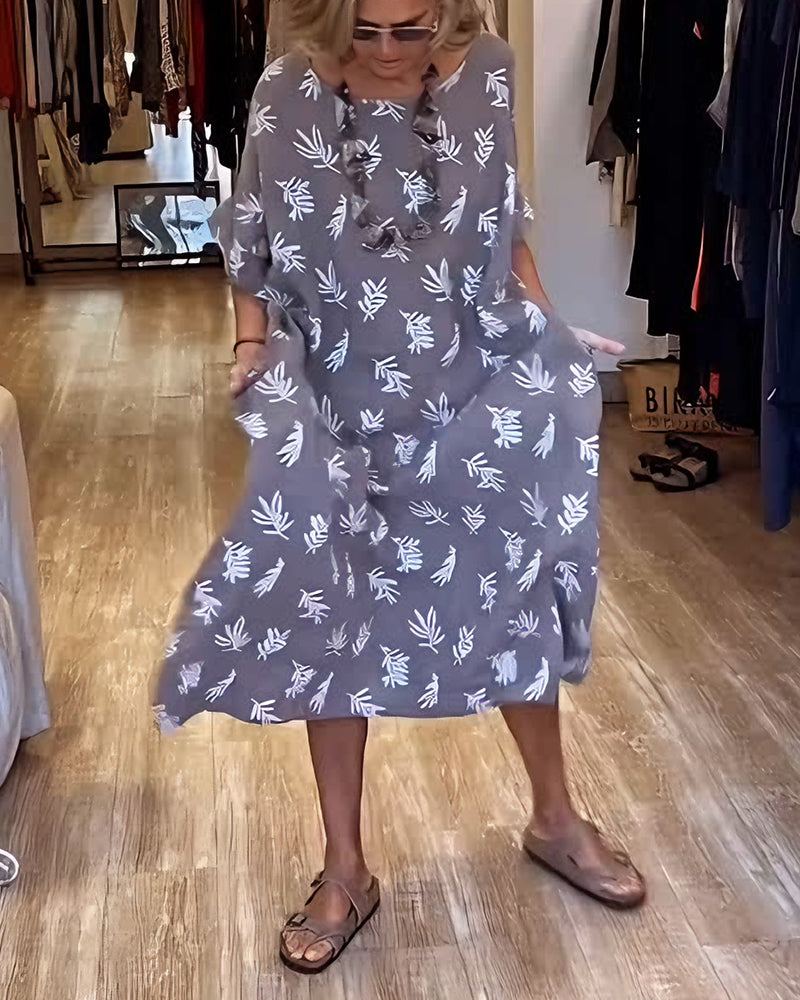 Kleid Runder Halsausschnitt Pflanzenblattdruck