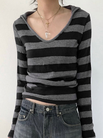 Schwarzes Vintage Slim Fit Vielseitiges V-Aussch Langarm Shirt