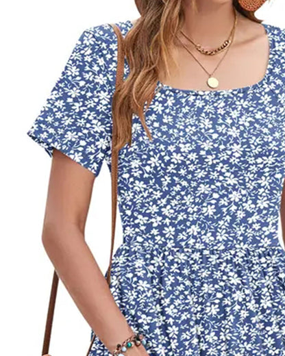 Kleid Eckiger Ausschnitt Geblümt Kurzarm A-Linie