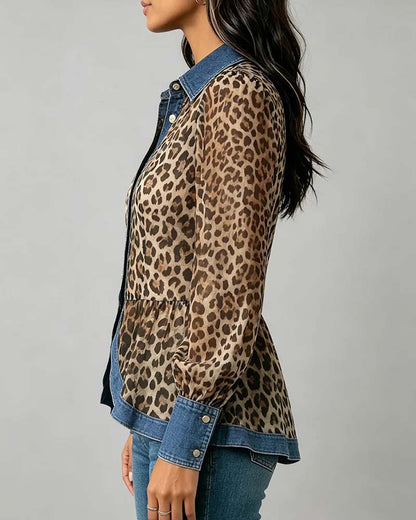 Bluse Denim Leopard Patchwork Tailliert