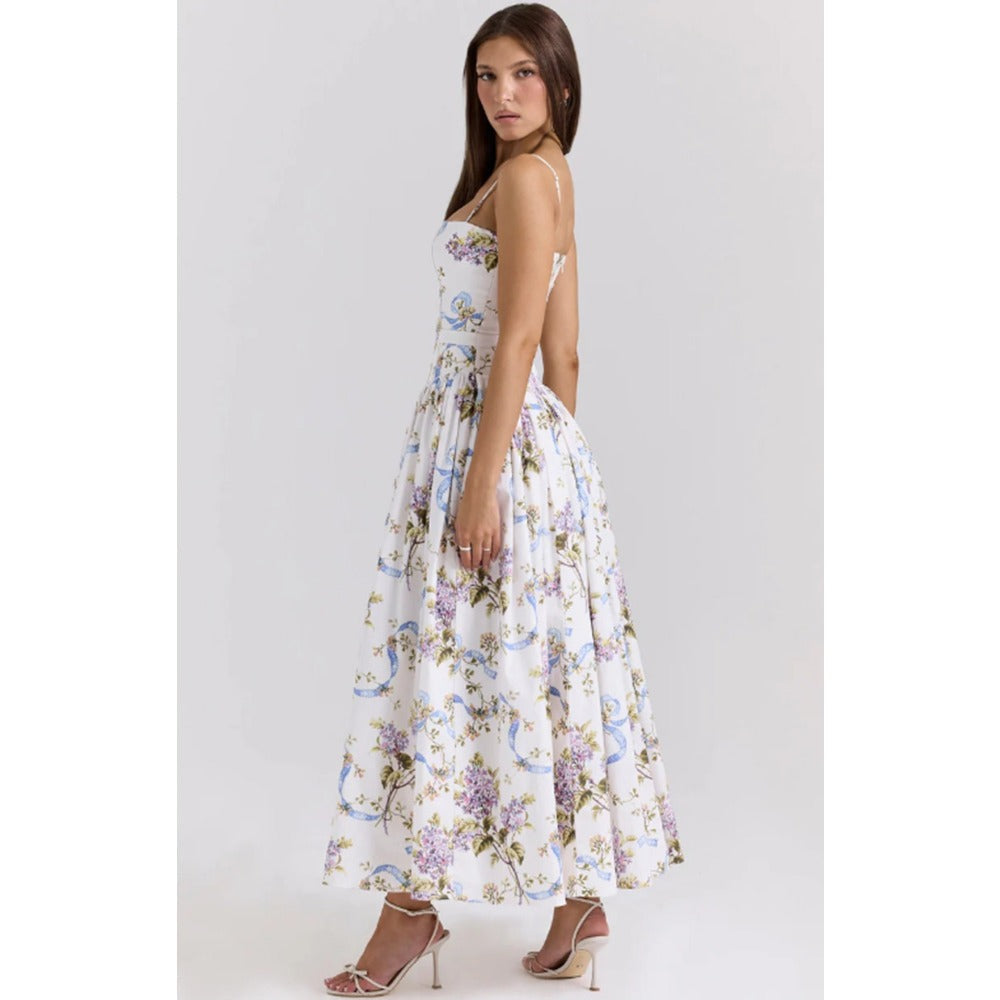 Floral Midi Dress with Spaghetti Straps for Women - Lina