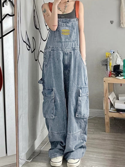 Blauer Vintage Overall mit Großen Taschen und Splash Ink Print