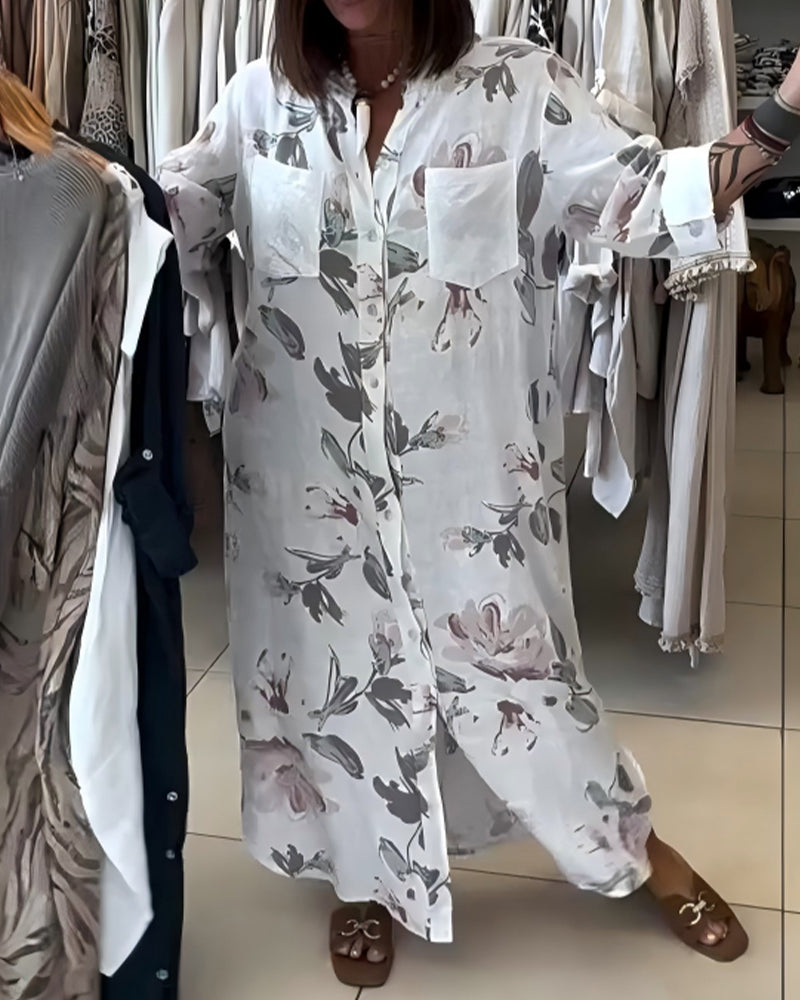 Kleid Stehkragen Langarm Gedrucktes Hemd