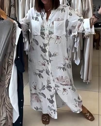 Kleid Stehkragen Langarm Gedrucktes Hemd