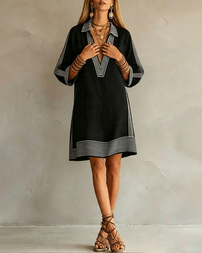 Kleid Gestreifter Print Laternenärmel V-Revers